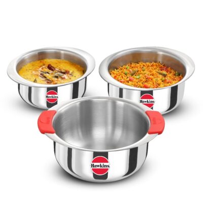Hawkins Kitchen Gift Pack 2023 (23SGP) 3 Pieces Set of 1.5 Litre, 2 Litre and 2.5 Litre Triply Stainless Steel Patila, Tope, Bhagona, Tapeli, Saucepans, Silver