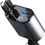 Retractable Car Charger, 4 in 1 Super Fast Car Phone Charger 120 W, Retractable Cables and 2 USB Ports Car Charger Adapter, for iPhone 15/14/13/12/11, Galaxy (Type C) Silver