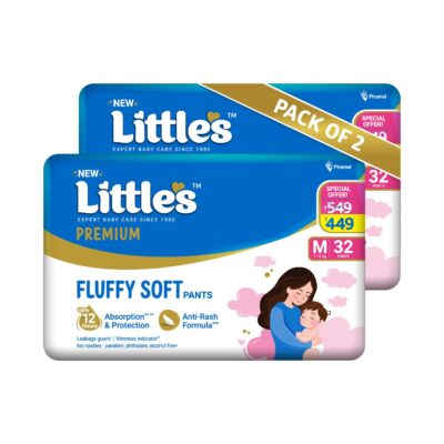 Little's Premium Baby Diapers M Size (Medium) Pants Style | 7-12 kg | 64 Count - Pack of 2 | CottonSoft Baby Diaper with Leakage Guard, Wetness Indicator & 12 Hours Absorption