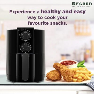 Faber 2L 1200W Air Fryer | Fry, Bake, Roast & Grill | 85% Less Oil, 360° Rapid Air Cooking | 30-Min Timer, Auto Off, Overheat Protection | Non-Stick Pan, Non-Slip Feet, Cord Storage | (Black DLX)