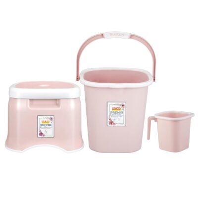 RATAN PLASTICWARE Premia Bathroom Set (Bucket 18L X 1) + (Mug 1.5L X 1) + (Small Stool X 1) - Diaso Pink|Light Weight and Easy to Carry|Perfect for Use in Bathrooms, Kitchen & Wet Utility Areas