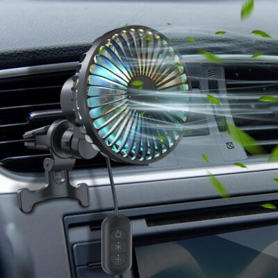 Car Accessories USB Fan for Car Air Vent Mounted, 3 Speeds with RGB Lighting & Clip, 90°Auto Oscillation & 360°Rotatable