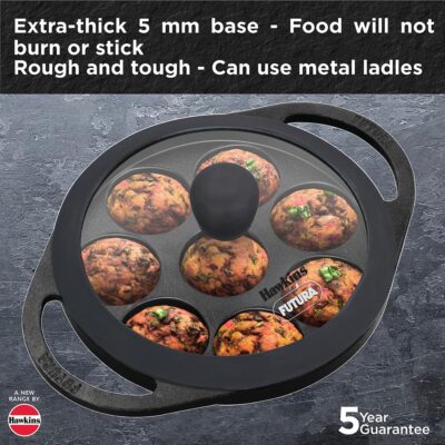 Hawkins Futura 16 cm Cast Iron Appe Pan, Non Stick Paniyaram Pan with Glass Lid, 8 Cups Paniyarakkal Pan, Litti Pan, Kuzhi Paniyaram Pan, Ponganalu Pan, Black (CIAP16G)