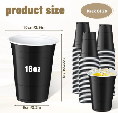 Black Beer Pong Glasses with Ping Pong Ball | Red Reusable Game & Drinking Party Cups Cocktails, Mocktails, Iced Tea Size – 475 ml | 16 oz (Pack of 20)
