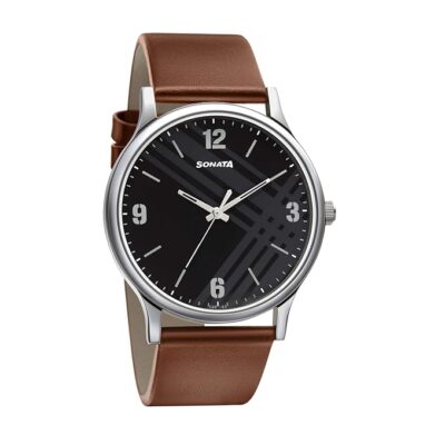 Sonata Smart Plaid Quartz Analog Black Dial Leather Strap Watch for Men-NS77105SL02W/NT77105SL02W