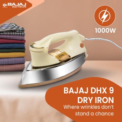 Bajaj DHX-9 1000W Heavy Weight Dry Iron | Advance Soleplate And Anti-Bacterial German Coating Technology | Multiple Temperature Levels | 2 Yr Warranty 【Ivory】