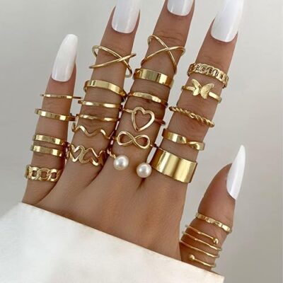 22pcs Latest Stylish Stackable Kunckle Rings Set for Women and Girls Butterfly Heart Boho Gold and Silver Plated Rings