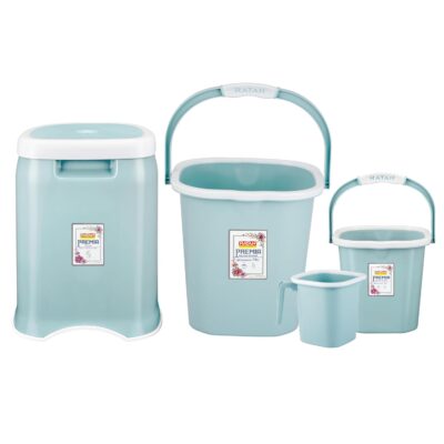 RATAN PLASTICWARE Premia Bathroom Set (Bucket 5L X 1) + (Bucket 18L X 1) + (Mug 1.5L X 1) + (Large Stool X 1) - Mint|Easy to Carry | Perfect for Use in Bathrooms, Kitchen & Wet Utility Areas