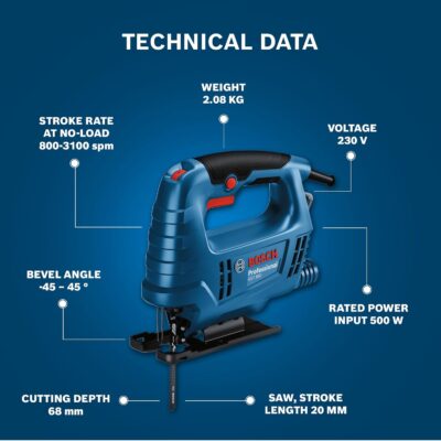 BOSCH GST 680 Corded Electric Jigsaw | 500W Motor | Stroke rate at No Load- 800-3100 spm | Cutting Depth 68mm | Lightweight & Portable | 1 Wood Blade & 1 Allen Key Included| 1 Yr Warranty