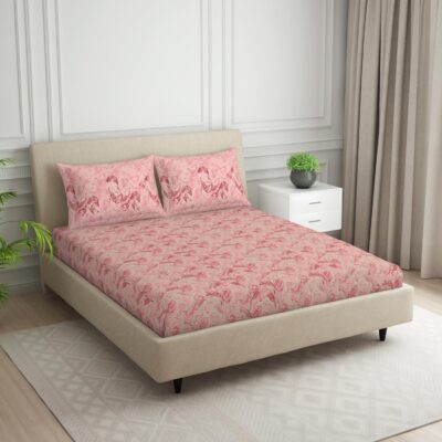 SPACES 100% Cotton Double Bedsheet with 2 Pillow Covers (Size 88 x 100 inch) | 132 TC Bed Sheet for Double Bed | Breathable Pure Cotton Queen Size Bedsheet | Tropica | Floral Light Pink