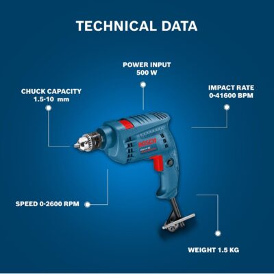 BOSCH Professional GSB 10 RE Corded-Electric Drill Tool Set, 10 mm, 500 Watt, 1 Year Warranty, Blue (100 Pcs Accessory Set)