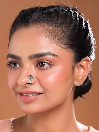 Nose Pin for Women and Girls | Traditional Silver Oxidised Nose Pin Without Piercing | German Silver Nose Pin Set | Floral Shaped Nosepin Combo | Accessories Jewellery for Women | Birthday Gift for Girls and Women Anniversary Gift for Wife