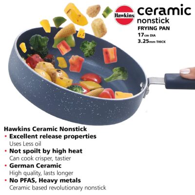 Hawkins Ceramic Nonstick Induction Frying Pan, 16 cm Diameter, Granite Omlette Egg/Fish Fry Pan, Blue (ICF16)