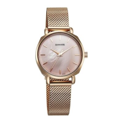Sonata Quartz Analog Pink Dial Stainless Steel Strap Watch for Women