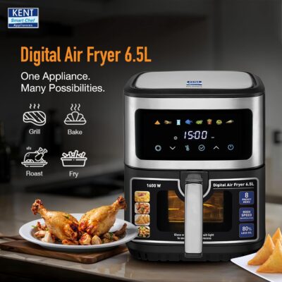 KENT Digital Air Fryer 6.5L | 1600W | Bake, Grill & Roast | Up to 80% Less Oil Usage | Rapid Heat Circulation | 8 Preset Menu | Digital Display & Touch Control Panel | Glass Window with in built Light