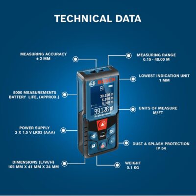 BOSCH GLM 40 Professional Laser Distance Measurer | Versatile Laser Measuring Device | Laser Class 2, Range up to 40.00 m, ±0.15 m| Memory Function, IP54 Rated| Batteries Included| 1 Yr Warranty
