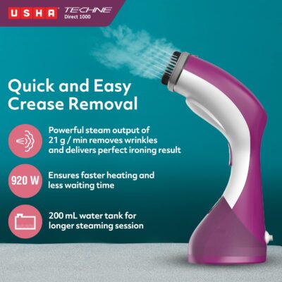 USHA Techne Direct 1000 Garment Steamer- Vertical Steaming, 920 Watts, Up To 21 G/Min (Purple & White)