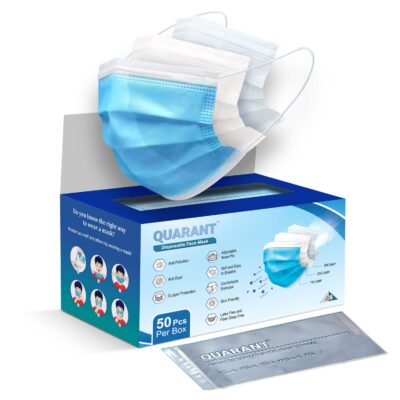 QUARANT 3 Ply Disposable Face Mask | Melt Blown-SMMS Fabric with Nose Clip & Travel Pouch | Blue | Pack of 100 | Unisex