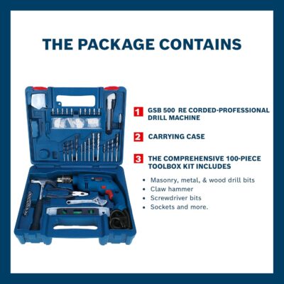 BOSCH Professional GSB 500 RE Corded-Electric Drill Tool Set, 10 mm, 500-Watt, 1 Year Warranty, Blue (100 Pcs Accessory Set)