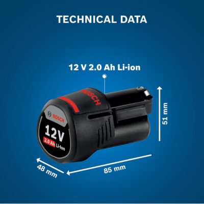 BOSCH GBA 12 V 2.0 Ah O-B Professional Battery | Li-ion Battery Technology | Compact and Lightweight Design | 1 Battery of 12 V 2.0 Ah | Fits All Tools within a Voltage Class |1 year of Warranty