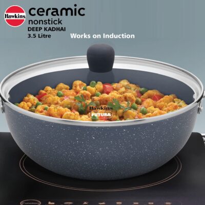 Hawkins Ceramic Nonstick 3.5 Litre Deep Kadhai, Induction Deep Fry Pan with Glass Lid, Granite Kadai (ICK35G)