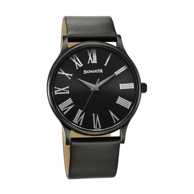 Sonata Aspire Quartz Analog Black Dial Leather Strap Watch for Men-NS77105NL08W/NT77105NL08W
