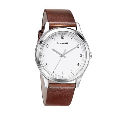 Sonata Titan Quartz Analog White Dial Leather Strap Watch for Men-NS7135SL03/NT7135SL03