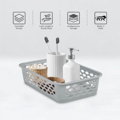 RATAN PLASTICWARE Diana Tray Rectangular-Medium (Pack of 6) Plastic Storage for Desk Basket/Organizers for Stationery, Jewellery, Tools,Kitchen, Office-Lt Brown / Daiso Grey / Twist Beige