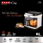 Usha iChef Smart Air Fryer 5.5L | 1200 Watt | 10 in 1 Functions | 8 Preset Menu | Turbo Air Circulation |360° View | Illuminated chamber | Oil Free Cooking | Digital display With Touch Panel (White)