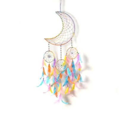 DULI Stainless Steel Crescent Moon Dream Catcher – Handmade Wall Hanging Home Decor with Beads & Feathers | Bedroom, Living Room & Gift Decoration (Pastel Multi, 70×19 cm)