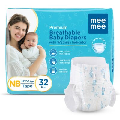 Mee Mee Premium Breathable Baby Diapers | (NB) Size Baby Taped Diapers | 32 PIECES | Skin Friendly, Super Absorbent, Cotton Soft with Wetness Indicator (Newborn, 32 PIECES)