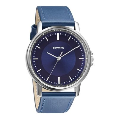 Sonata Quartz Analog Blue Dial Leather Strap Watch for Men-NS77083SL07W/NT77083SL07W