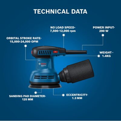 BOSCH GEX 125 Professional Random Orbit Sander | 280 W| Sanding Pad of 125 mm | No-load Speed 7,500 – 12,000 RPM | Orbital Stroke Rate of 15,000 – 24,000| Low Vibration Level 3.8 m/s²| 1 Yr Warranty