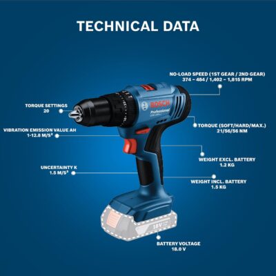 BOSCH GSB 183-Li Cordless Battery Powered Impact Drill/Drivers With 1 Battery | 18 Volts | 1815 RPM | Maximum Power 850 Watts | Item Torque 56 Newton Meters | Blue | 1 Year Warranty from BOSCH