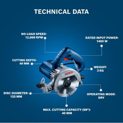 Bosch GDC 141 Professional Diamond Tile/Stone/Marble Cutter, 1450W, 125 mm, 12000 rpm, 3 kg + Hex Key, Hexagon Socket Wrench