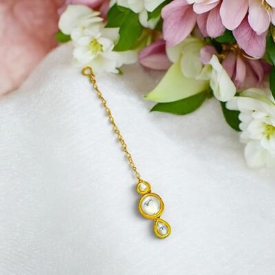 Round Kundan Bridal Maang Tikka, Pearl Chain, Gold-Plated Traditional Head Jewellery For Girls and Women