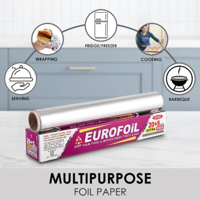 Silver Aluminum Foil Paper Roll for Food Packing 25m 11 Micron, Premium Food Wrap for Kitchen, Ideal for Wrapping, Packing, Storing and Serving (Pack of 1)