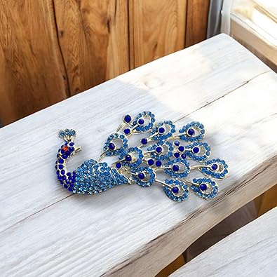 Sparkling Blue Crystals Peacock-Shaped Brooch/Saree Pin for Women (BP1101029R)