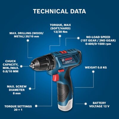 Bosch GSR 120-LI Cordless Drill Driver, 12V, 1,500 rpm, 14/30/- Nm, 10 mm Chuck, 0.8 kg + 1 x GBA 12V 2.0Ah Battery, GAL 1210 CV Professional Charger, Carrying Case, 1 Year Warranty