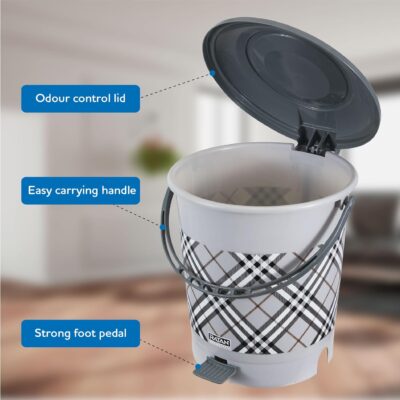 RATAN PLASTICWARE BON BON Checks Print 12 Litres Plastic Dustbin with Pedal Bin, Trash Bin, Garbage Waste Bin For Home, Bathroom, Kitchen, Office, Bedroom Grey Color