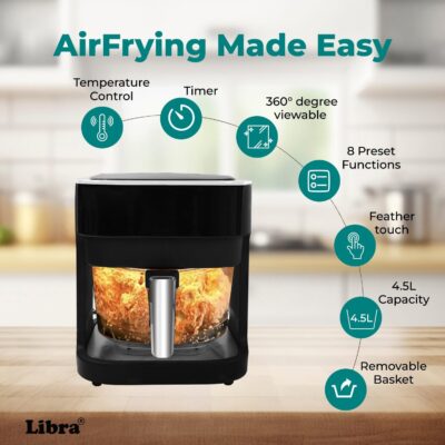 Libra 4.5 Litre Airfryer | Digital Air Fryer With Glass Bowl | Teflon-Free, 8 Presets, 1450W Power | Air Fry, Toast, Grill, Reheat, Dehydrate, & Roast | Visible Window | Smart Air Fryer Oven, Black