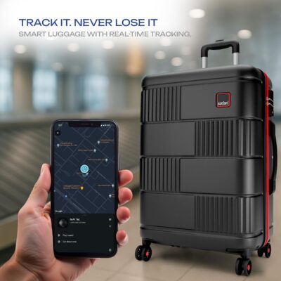 Safari Trackr 8 Wheels 56cm Cabin Size GPS Enabled Trolley Bag with boAt tag, Carry-on Polycarbonate Luggage, TSA Lock Wet Pouch Organized Interior, Suitcase for travel, Trolley Bags for Travel, Black