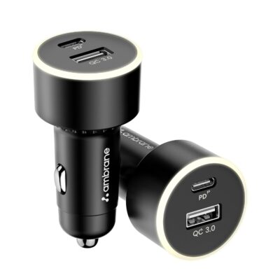Car Charger 85W , Mobile & Laptop Charging (MacBook & Type C Laptops), Glowing Light, Dual Port Fast Charging, 65W Type C PD, 20W USB for iPhone, Android, iPad & Other Devices (Black, C85R)