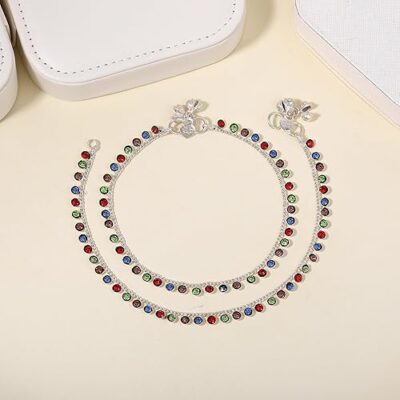 Fashion Jewelry Anklets for Women: Rhodium Plated Rainbow Bliss: Colorful Crystals Enhanced Lightweight Anklets for a Playful Look for Girls and Women-OSAK007-IRMC ANKLET