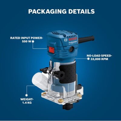 Bosch GKF 550 Electric Hand / Palm Router, 550W, 33,000 rpm, 6 (1/4") mm Bit, Variable Speed, Soft Grip,1.4kg + Parallel, Roller & Template Guide, 17 mm & 10 mm Spanner, Straight Bit, 1 Year Warranty