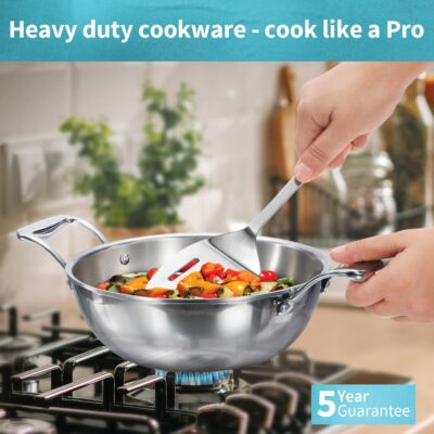 Hawkins Pro Deep-Fry Pan, Triply Stainless Steel Kadhai with Stainless Steel Handles and Stainless Steel Lid, Silver