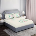 SPACES 100% Cotton Double Bedsheet with 2 Pillow Covers (Size 108 x 108 inch) | 210 TC Bed Sheet for Double Bed | Breathable Pure Cotton King Size Bedsheet | Vivant | Floral Cream