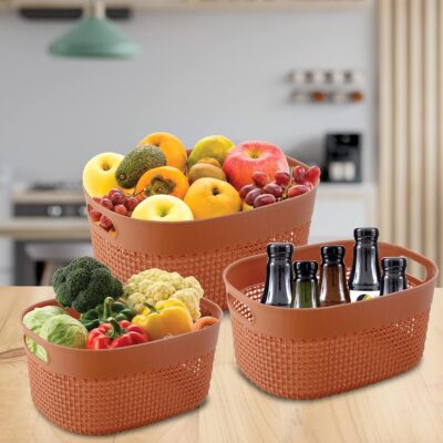 JOYO Filo Oval Virgin Plastic Basket Organizer, Multipurpose Use for Groceries Fruits Vegetables, Toys, Utility, Stationary (Set of 3)(Almond)