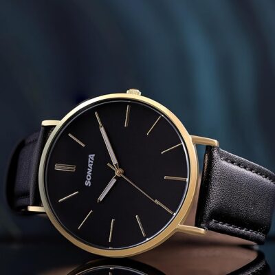 Sonata Quartz Analog Black Dial Black Leather Strap Watch for Men