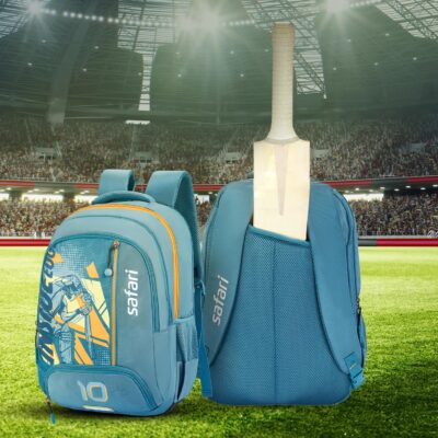Safari Captain 37L School bag for Boys and Girls, 4 Compartment Printed Sport Utility Backpack Bag with Cricket Bat Holder, Shoe Pocket, Rain Cover, Armor Base, File holder, Bottle, Color Pearl Blue